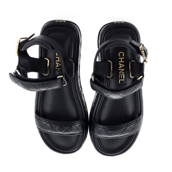 Chanel Women's Logo Velcro Strap Wedge Sandals Quilted Leather Black - Picture 2 of 4